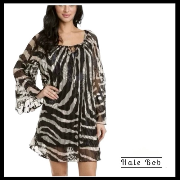 Hale Bob Accordion Pleats Tunic Boho Trapeze Dress Flare Sleeves Animal Print - Picture 14 of 14